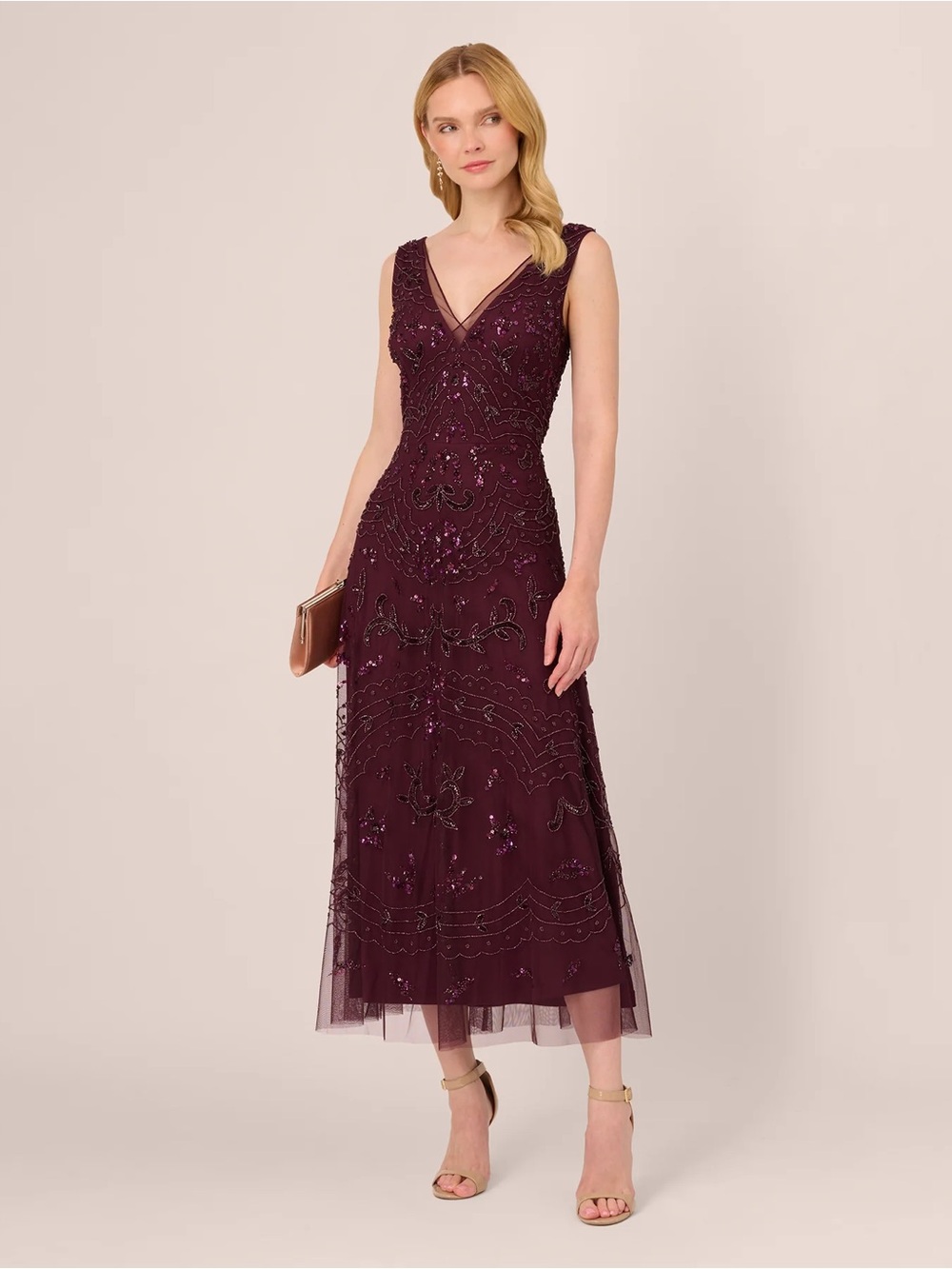 Adrianna Papell Night Plum Beaded Midi Dress NWT Size 8 Formal Evening Gown GALA